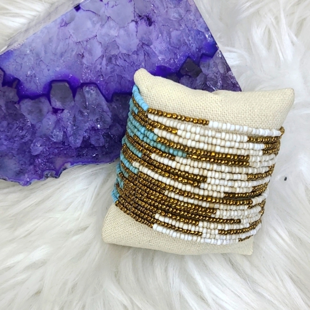 Beaded Cuff Bracelet Southwest Inspired Seed Beads Turquoise Bronze White Unique
